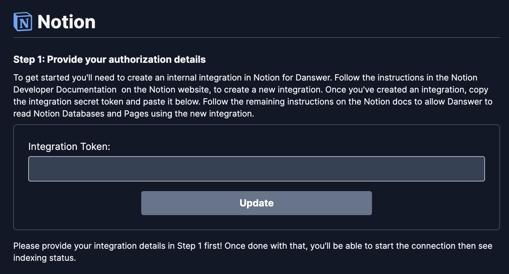 Notion connector step 1 view
